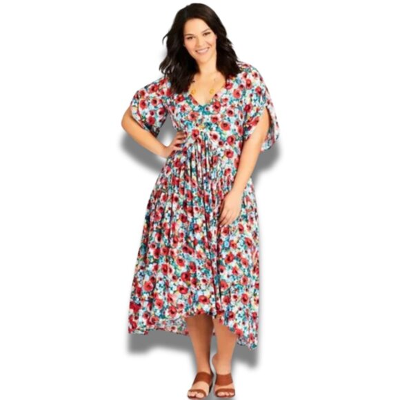 Avenue 18/20 Floral Midi Dress V-Neck Poppy Red Multicolored Womens Cottage Boho - Picture 1 of 15